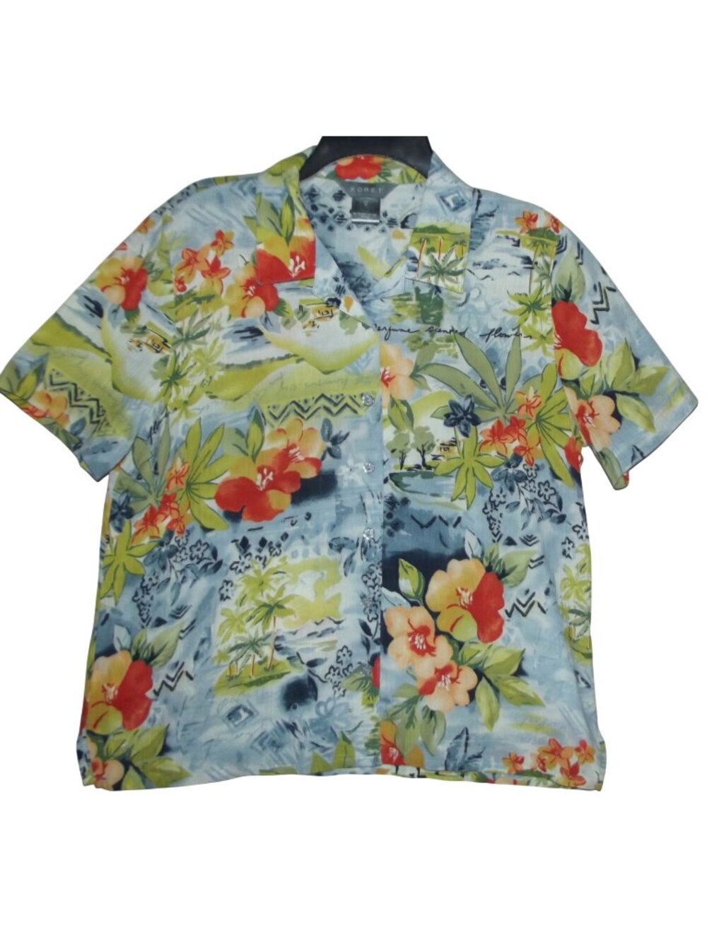 Koret Shirt Womens Size Medium tropical floral Button Shirt blue green orange